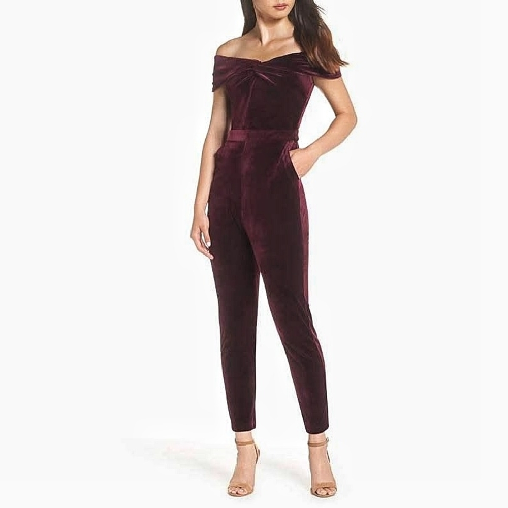 Adelyn Rae Liv Off the Shoulder Velvet Jumpsuit| Merlot| Small